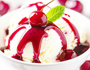 Vanilla ice cream topped with rich cherry sauce in a white bowl. AI