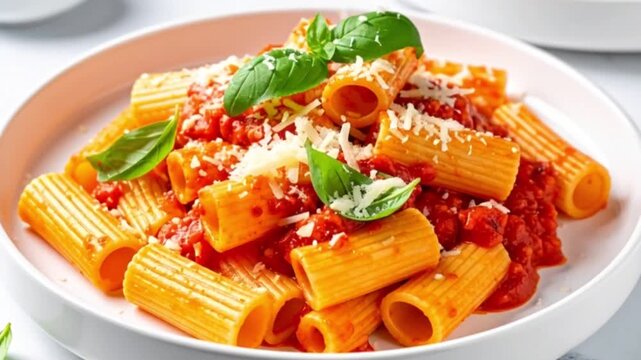 Modern pr&auml;sentierte Rigatoni al Pomodoro mit glatter Tomatensauce
