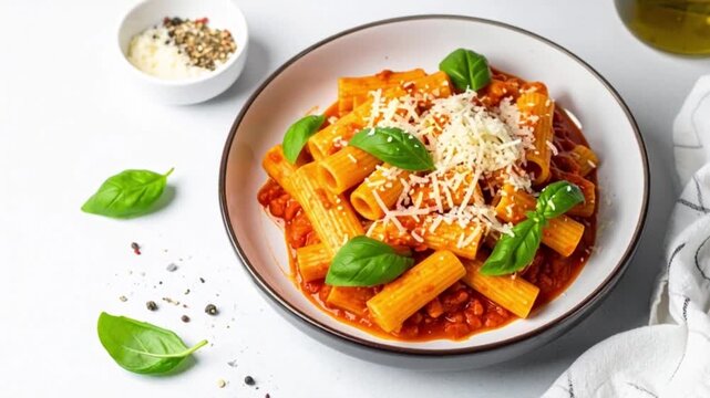Modern pr&auml;sentierte Rigatoni al Pomodoro mit glatter Tomatensauce