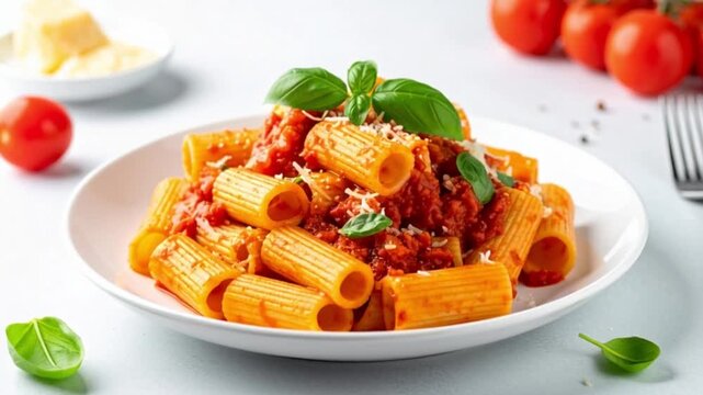 Modern pr&auml;sentierte Rigatoni al Pomodoro mit glatter Tomatensauce