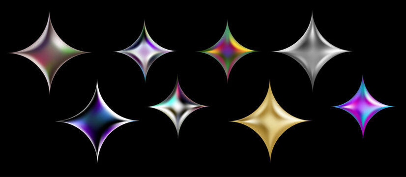 3D Abstract Stars Set in Polished Chrome, Liquid Gold and Holographic Gradients. Futuristic Y2K Iridescent Metalic Sparkles and Glossy Shapes for Luxury Branding.