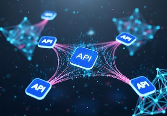 Interconnected API nodes forming a network in a futuristic digital landscape viewed from a 3D perspective