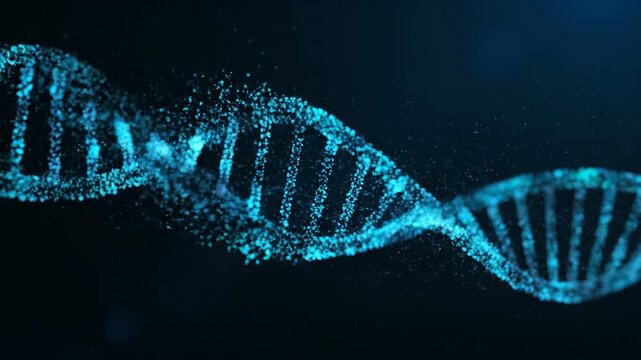 Glowing blue dna double helix structure animation with sparkling particles on dark background