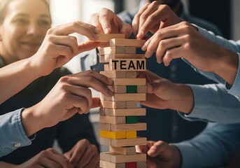 Team members collaborate to build a tower with wooden blocks in a modern office space