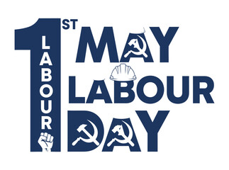 May labour day graphic design with hammer and sickle symbols on white background