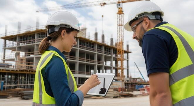 Construction workers reviewing plans on site at golden hour with cranes