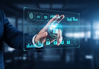 Businessman interacting with futuristic interface displaying security and data analysis graphics in a modern office environment from a close-up viewpoint