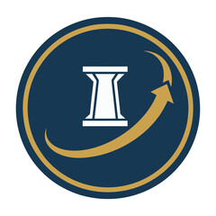 Modern logo with column and arrow in navy blue circle