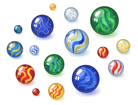 Vibrant colorful marbles in various sizes and patterns