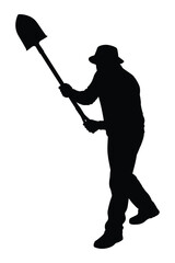 Silhouette of a person holding a shovel isolated on white background