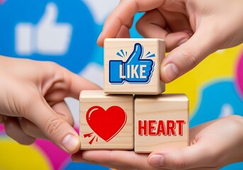 Hands holding wooden blocks with like, heart, and love symbols on a colorful background