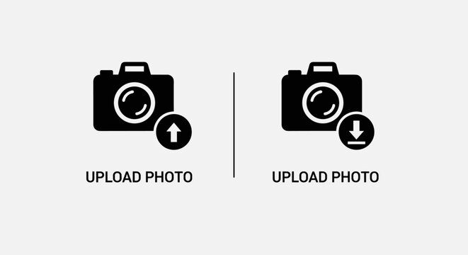 Camera icons with upload and download arrows for managing digital photography and media files on cloud storage