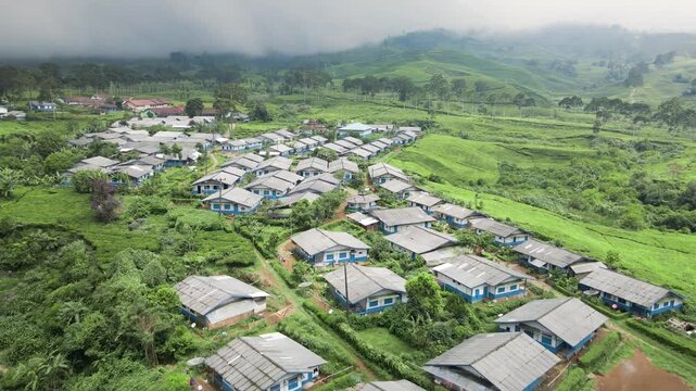 Aerial view of identical houses near tea plantation. Shows rural settlement layout. Ideal for travel visuals. Ciwidey, Bandung, Indonesia.