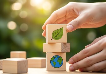 Hands arranging wooden blocks with eco symbols on a table outdoors with blurred greenery