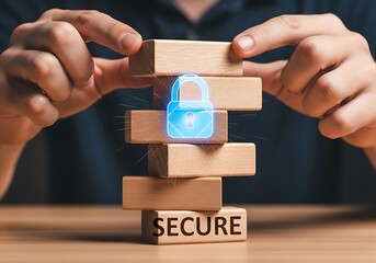 Hands carefully placing wooden blocks to form a secure structure with a glowing padlock