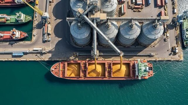 Aerial view of a cargo ship being loaded with grain at a port terminal.