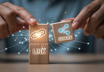 Hands arranging wooden blocks to form a link and share symbol on a table