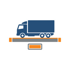 Flat vector illustration of a cargo truck standing on a vehicle weighing scale platform, isolated on white background, suitable for logistics, freight control and transport safety design.