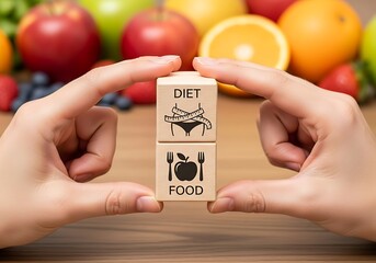 Hands holding wooden blocks with diet and food symbols on a wooden table surrounded by various fruits