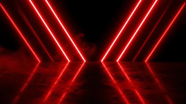 Vibrant red neon lights intersecting in a dark room with reflective floor and smoke