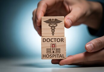 Hands holding wooden blocks with medical symbols and words in a professional setting