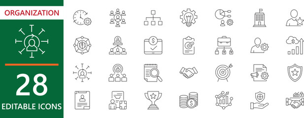 Professional editable line icon set for business, organization, planning, resource, project, workflow, hierarchy, automation, and data archiving systems.