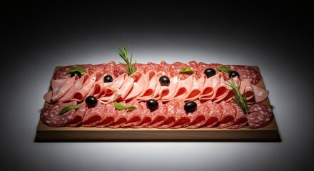 Gourmet Charcuterie Board with Salami, Ham, Olives, and Rosemary, Artisanal Cold Cuts Platter for Appetizers perfect for National Cold Cuts Day