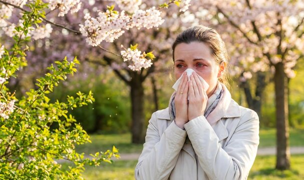 Woman Sneezing in Tissue with Red Eyes in Spring Park Seasonal Pollen Allergy Hay Fever Concept Generative AI