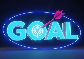 A bright neon sign displaying the word GOAL with a target symbol and dart arrow, symbolizing success and achievement in a modern environment.