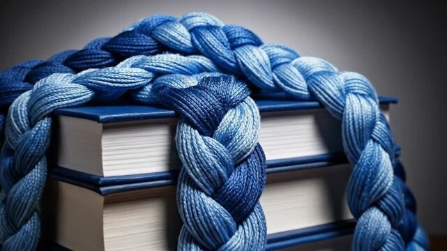 Stack of blue books tied with a braided blue rope, creating a decorative and educational scene.
