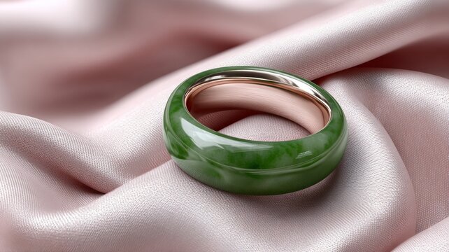 A green and gold ring sits on a pink cloth