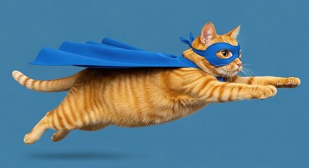 A majestic orange cat in a blue cape and mask flies through the air with confidence and agility.