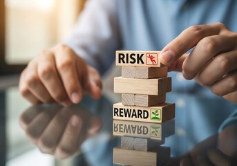 Person stacking wooden blocks with risk and reward labels in a thoughtful gesture