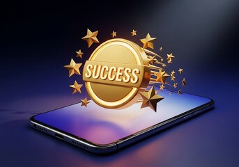 Golden Success Coin Emerging from Smartphone Screen with Glowing Stars