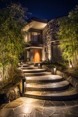Steps lead to a house with stone walls and bamboo at night with lights shining along the pathway and trees surrounding the entrance