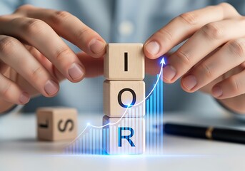Hands arranging wooden blocks to form the word 'I O R' on a table with a rising graph indicator