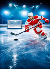 Obraz premium Male hockey player wearing red uniform against goal