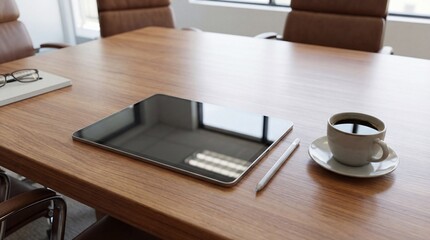 Digital tablet with blank black screen on wooden conference table with coffee and stylus mockup