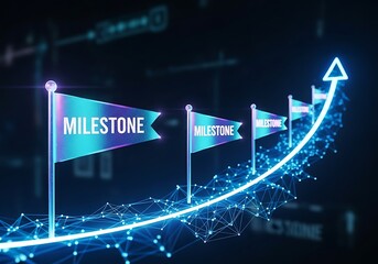 Flags marking milestones on a glowing blue upward trajectory line against a dark background