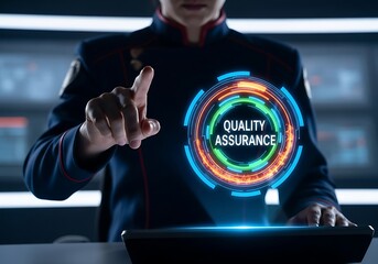 A person in a suit interacts with a digital interface displaying quality assurance on a tablet in a modern office environment from a medium viewpoint.