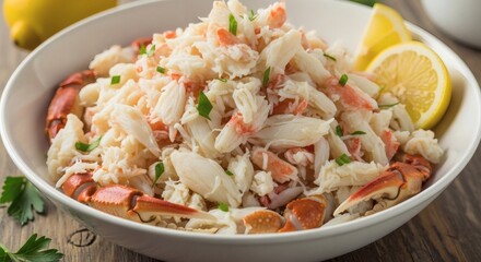 Fresh Crab Meat Salad Overflowing in White Bowl with Lemon Slices and Parsley Garnish, Gourmet Seafood Dish perfect for National Crab Meat Day