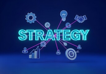 Central Strategy Concept with Icons and Graphs on Dark Background from Direct Viewpoint