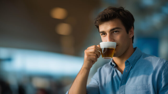 A traveler sips herbal tea at an airport while visibly in the throes of jet lag, illustrating how self-care rituals can combat fatigue during long journeys across different time zones. cinematic