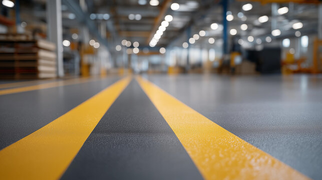 A well-marked caution line surrounds a busy area of a factory floor, showcasing the need for clear demarcation in high-traffic zones to maintain safety and order within industrial environments.