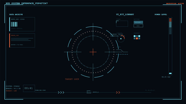 Futuristic heads up display system interface with target lock and data archive