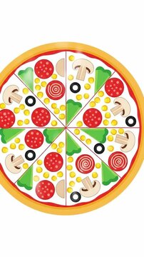 Delicious pizza illustration with pepperoni, mushrooms, olives, and corn toppings on a white background.