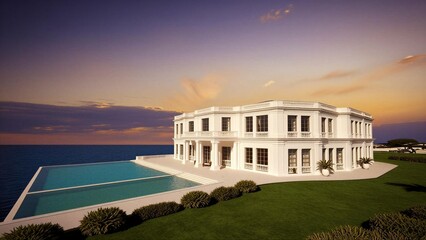 The image depicts a grand, classical mansion by the sea, with a focus on its architectural beauty and serene environment.