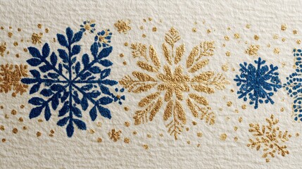 Vibrant blue and gold snowflakes on textured white background