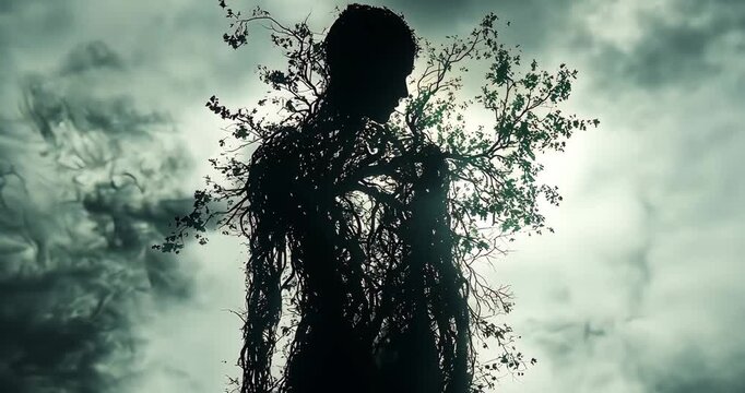 A silhouette of a man intertwined with a tree against a cloudy sky, creating a moody and surreal atmosphere.