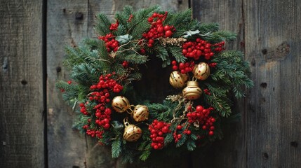 Vibrant Christmas wreath with red berries on wooden background